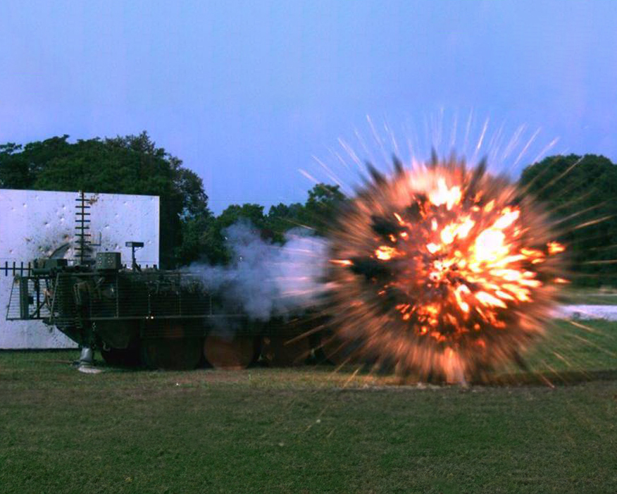 Active Protection System photo - shows explosion of incoming projectile before striking vehicle