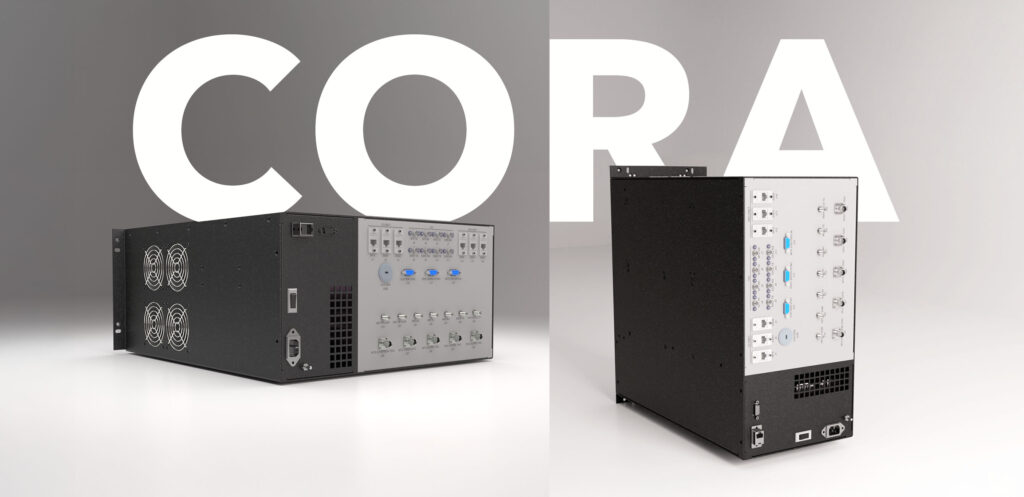 CORA hardware images showing a dark grey metal case with multiple connection ports.