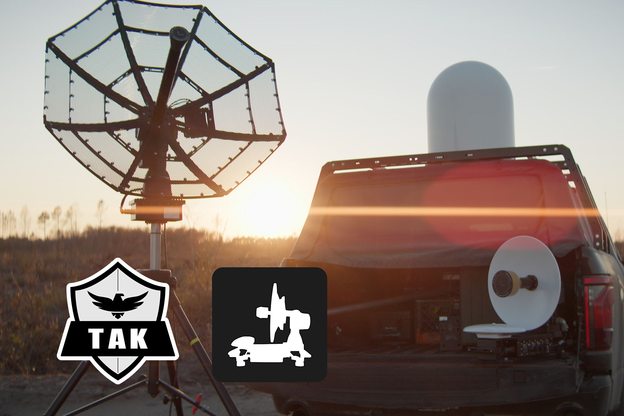 TAK logo over image of MTS products showing MTS 2.0, 3.0, and Radome arranged around the back of a pickup truck